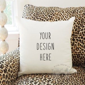 Pillow Mockup, Pillow Case Mock Up for Lifestyle Stock Photo, Cushion Mock-up on Leopard Print Background, Instant Digital Download Jpeg