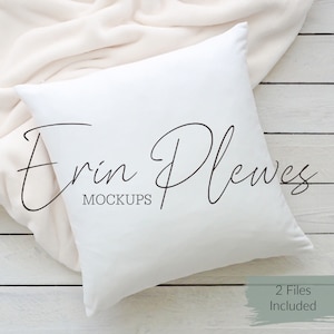 Pillow Mock ups, Pillow case mockup with white blanket on rustic wood floor, Minimalist cushion stock photo, Jpeg Instant Digital Download