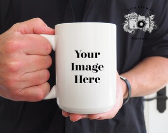 Coffee Mug Mockup, 15oz Mug Mockup with Male Model Hands, Father's Day Mock Up, Instant Digital Download Jpeg