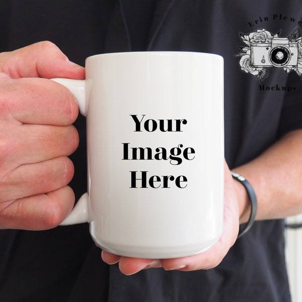 Coffee Mug Mockup, 15oz Mug Mockup with Male Model Hands, Father's Day Mock Up, Instant Digital Download Jpeg