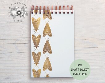 Spiral Top Notebook Mockup, Notebook Mock-Up op rustiek hout, PSD Smart Object Notepad Flat Lay, Instant Digitale Download Jpeg PNG
