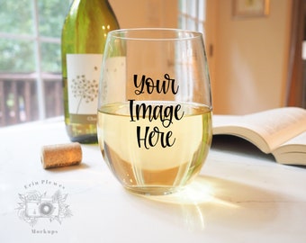 Stemless Wine Glass Mockup, Wine Glass Mock up with bottle and book lifestyle photo, Glassware Set Mock-up, Digital Download Jpeg Template