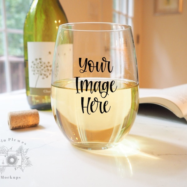 Stemless Wine Glass Mockup, Wine Glass Mock up with bottle and book lifestyle photo, Glassware Set Mock-up, Digital Download Jpeg Template