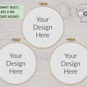 May include: Three wooden embroidery hoops with a white background. The hoops are empty and have the text "Your Design Here" written in black text.