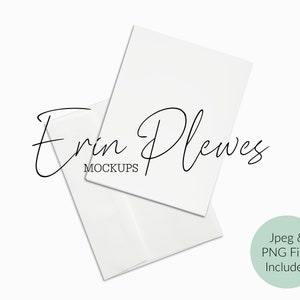 May include: Two white blank cards, one on top of the other, with a slight overlap. The top card is slightly larger than the bottom card. The cards are on a white background. The text "Erin Plewes Mockups" is visible in the lower left corner of the image. The text "Jpeg & PNG Files Included" is visible in the lower right corner of the image.