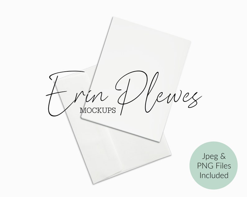 May include: Two white blank cards, one on top of the other, with a slight overlap. The top card is slightly larger than the bottom card. The cards are on a white background. The text "Erin Plewes Mockups" is visible in the lower left corner of the image. The text "Jpeg & PNG Files Included" is visible in the lower right corner of the image.