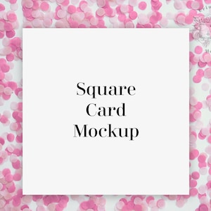 Vierkante kaart Mockup, Valentijnsdag Kaart Mock-up, Briefpapier Flat Lay op Roze Confetti, Jpeg instant Digitale Download Template