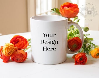 Coffee Mug Mockup, 11oz Mug Mockup con fiori per la festa della mamma, foto di stock di tazza bianca femminile, download digitale istantaneo JPEG