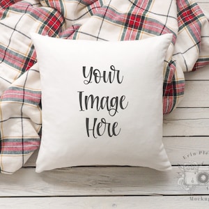Pillow Mockup, Square pillow mockup on white rustic wood background, White pillow case mock up jpeg digital download
