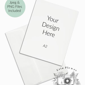 May include: A white A2 card mockup with the text "Your Design Here" on it. The card is sitting on a white envelope. The image is surrounded by a floral design with a camera in the center and the text "Erin Plewes Mockups".