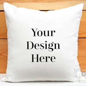 Pillow Mockup, White pillow mockup with rustic wood background for lifestyle stock photography, square pillow mock up jpeg digital download