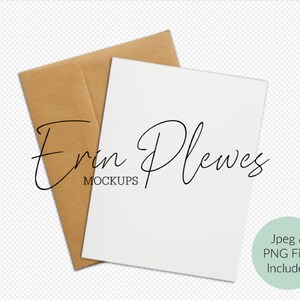 May include: A brown envelope mockup with a white card on top. The card is blank and ready for your design. The envelope is slightly open and the card is slightly angled. The text "Erin Plewes Mockups" is written in black cursive on the envelope.