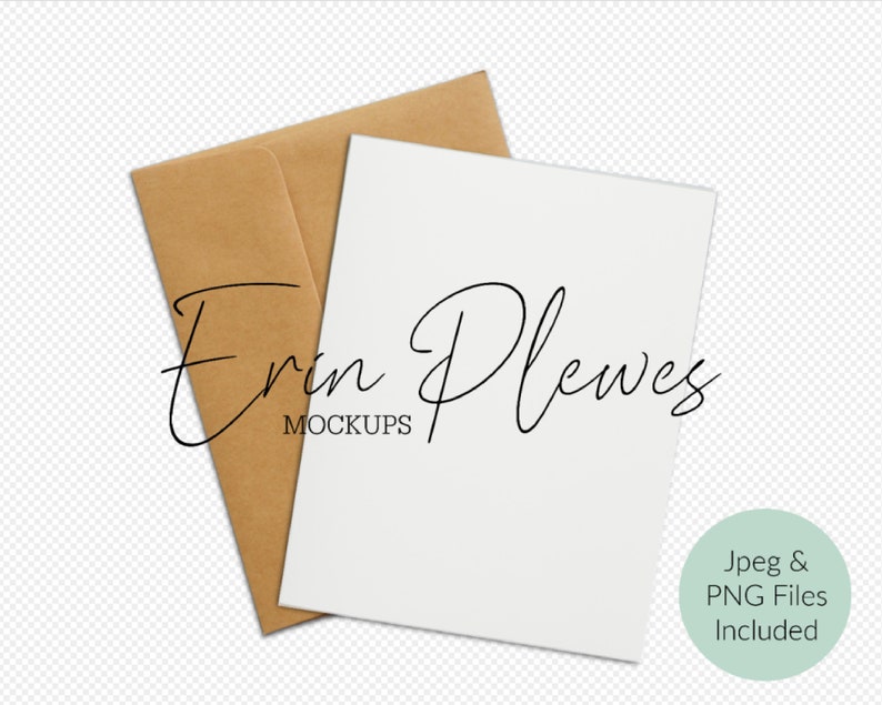 May include: A brown envelope mockup with a white card on top. The card is blank and ready for your design. The envelope is slightly open and the card is slightly angled. The text "Erin Plewes Mockups" is written in black cursive on the envelope.
