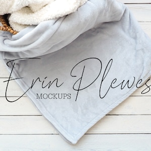 Blanket Mock Up, Silver Fleece Blanket Mockup in a Basket for Lifestyle Stock Photo, Minky Blanket Mock Up, Instant Digital Download Jpeg