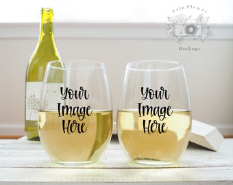 Wine Glass Mockup, Stemless Wine Glass Set Mock up for Lifestyle Stock Photo, 2 Glass Set Mock-up, Instant Digital Download Jpeg