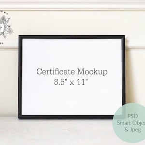 Frame Mockup 8.5 x 11, Certificate Mockup with Black Frame 8.5&quot; x 11&quot;, Black Frame PSD Smart Object Mock-up, Instant Digital Download