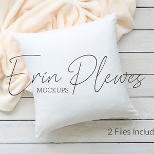 Pillow Mock-up, White pillow mockup with cream blanket for lifestyle stock photo, Square pillow mock up, Jpeg Digital Download