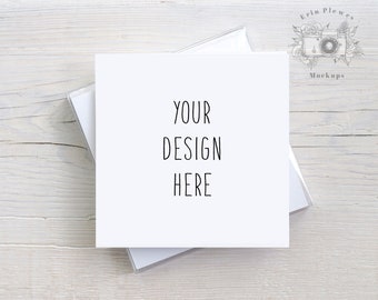 Square Card Mockup Flat Lay, Square Invitation Mock Up with Boxed Set for Rustic Wedding, Square Greeting Card Stock Photo