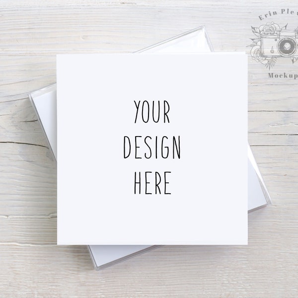 Square Card Mockup Flat Lay, Square Invitation Mock Up with Boxed Set for Rustic Wedding, Square Greeting Card Stock Photo