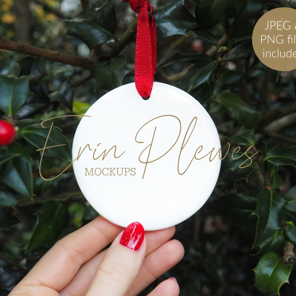 Christmas ornament mockup round, white blank Holiday decoration mock-up for template design and stock photography, JPG PNG Digital Download