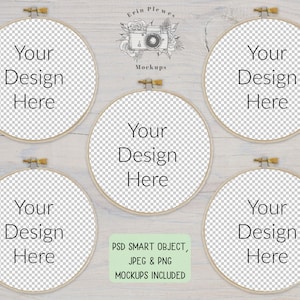 May include: Four embroidery hoops with a white background. Each hoop has a transparent overlay with the text "Your Design Here". The hoops are arranged in a square shape with the text "Erin Plewes Mockups" and "PSD SMART OBJECT, JPEG & PNG MOCKUPS INCLUDED" at the bottom.