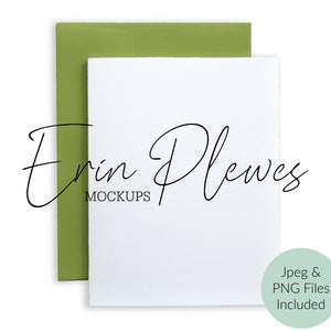 May include: A white card mockup with a green envelope behind it. The card has the text "Erin Plewes Mockups" written on it. The text "Jpeg & PNG Files Included" is written on a green circle in the bottom right corner of the image.