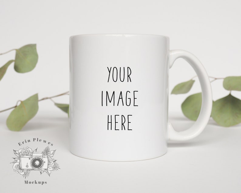 Download Mug Mockup 11 oz White coffee mug mock-up with eucalyptus ...