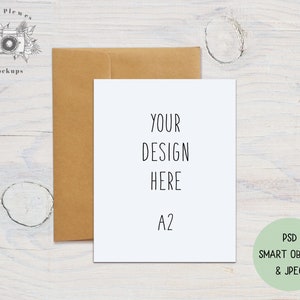 Maqueta de tarjeta plana PSD Smart Object, maqueta de tarjeta A2 Mock Up Kraft Envelope, maqueta de sobre de tarjeta de felicitación de 4.25 "x 5.5", descarga digital instantánea