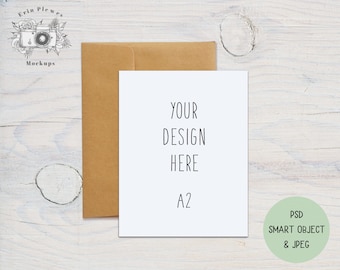 Flat Card Mockup PSD Smart Object, A2 Card Mock Up Kraft Envelope, 4.25" x 5.5" Greeting Card Envelope Mock-up, Instant Digital Download