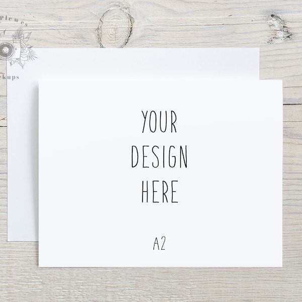 A2 card mockup with white envelope, Invitation mock-up on rustic white washed wood, Jpeg Instant Digital Download Template