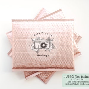 May include: Four rose gold bubble mailers stacked on top of each other. The top mailer has a logo with a vintage camera and floral design. The logo text reads "Erin Plewes Mockups".