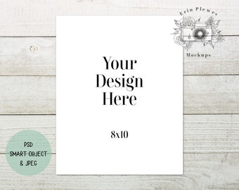 8x10 Print Mockup Smart Object, Poster Mock Up on Farmhouse Rustic Wood, 8"x10" Stationery Flatlay, PSD Smart Object Digital Download