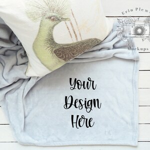 Throw Blanket Mockup, Gray Fleece Blanket Mock Up, Farmhouse Style Stock Photo, Silver Blanket Flat Lay Template