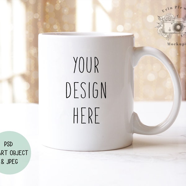 Mug Mockup Smart Object, 11 oz Coffee Mug Mock Up for Lifestyle Styled Stock Photo , Modèle de maquette de tasse blanche, Téléchargement numérique Jpeg PSD