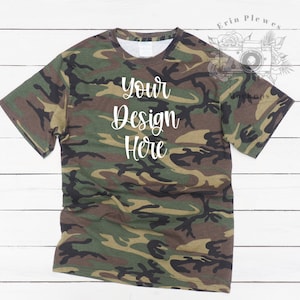 May include: A camouflage green t-shirt with the text "your design here" in white.