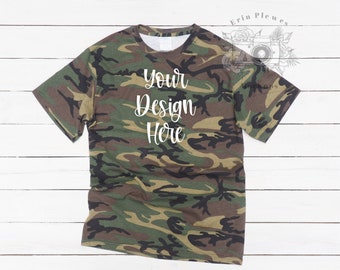 Camo Shirt Mockup, Military Camo Tshirt Mock Up, Camouflage Shirt Flatlay,  Rustic Wood Board Lifestyle Stock Photo
