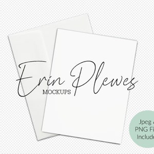 May include: Two blank white cards stacked on top of each other. The top card is slightly angled. The bottom card is flat. The text "Erin Plewes Mockups" is written in black cursive on the bottom card.