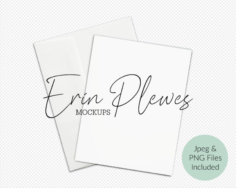 May include: Two blank white cards stacked on top of each other. The top card is slightly angled. The bottom card is flat. The text "Erin Plewes Mockups" is written in black cursive on the bottom card.