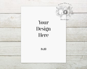 May include: A white 8x10 inch card mockup on a light wood background. The card has the text "Your Design Here" printed on it.