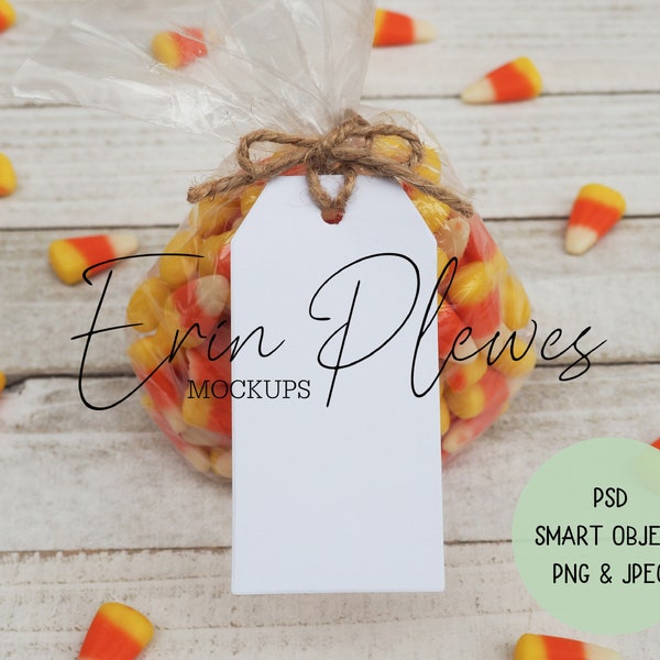 Halloween Tag Mockup, Gift Tag Mockup with Candy PSD Smart Object, Party Favor Lifestyle Stock Photo, Instant Digital Download