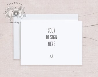 May include: A white card mockup with the text "YOUR DESIGN HERE" and "A6" on a light wood background.
