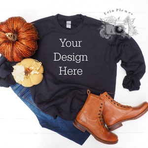 Sweatshirt Mockup Black, Gildan 18000 Sweatshirt mock up with rustic boots and pumpkins, Fall styled flatlay mock-up template