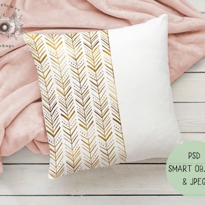 Pillow Mockup PSD Smart Object, Square Pillow Mock Up, Cushion Mock-up with Pink Blanket, Instant Digital Download Jpeg