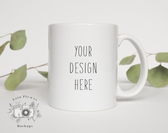 Mug Mockup, 11 oz White coffee mug mock-up with eucalyptus for stock photos, Digital Download Jpeg, Minimalist Mock Ups