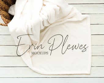 White Blanket Mockup, Minky Blanket Mock Up in a Basket, Fleece Blanket Mock Up, Lifestyle Stock Photo, Instant Download Jpeg