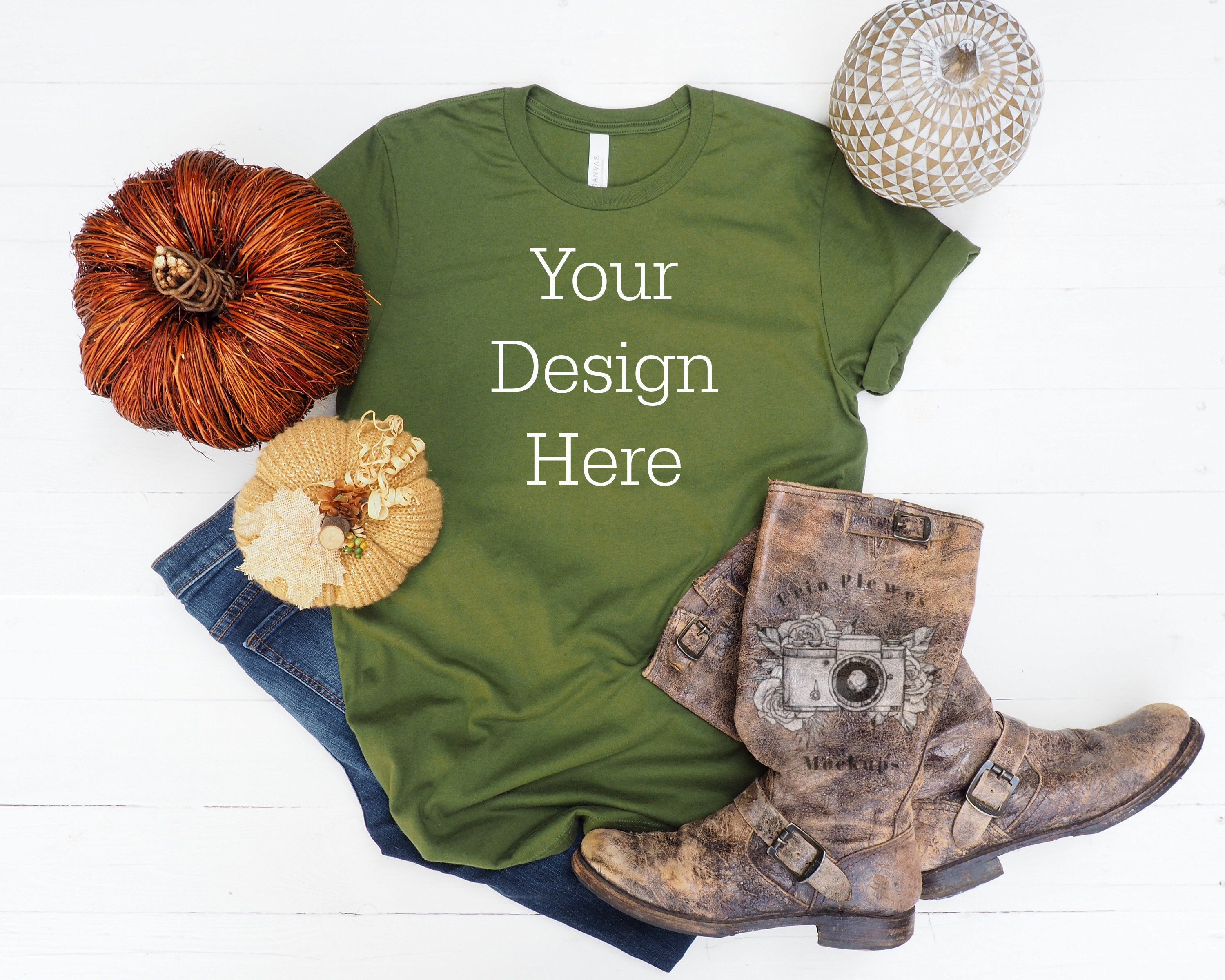Download Bella Canvas 3001 Mockup Olive Green T-Shirt Mockup Autumn ...
