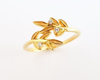 Gold Olive Leaves Ring , Olive Branch Ring with Diamonds, Dainty Leaf Ring, Greek Ring, Athena Symbol, Bridal Jewelry, Handmade Jewelry