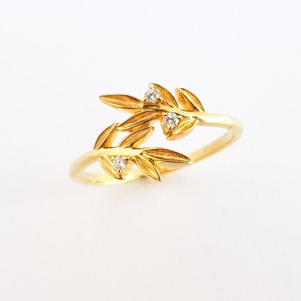 Anillo de hojas de olivo de oro, anillo de rama de olivo con diamantes, anillo de hoja delicada, anillo griego, símbolo de Atenea, joyería nupcial, joyería hecha a mano