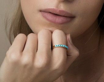 Turquoise Half Eternity 14k Gold Ring, Boho Turquoise, Turquoise Gold Ring, Summer Gold Ring, Solid Gold Ring, Comfort Fit Band