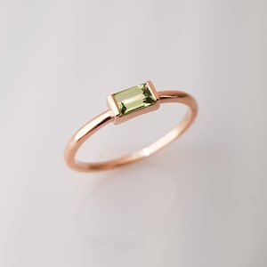 Peridot Baguette Ring, August Birthstone Ring, Strong Band, Tiny Baguette Ring, Dainty Stacking Ring, Gold Ring, Mothers Day Jewelry